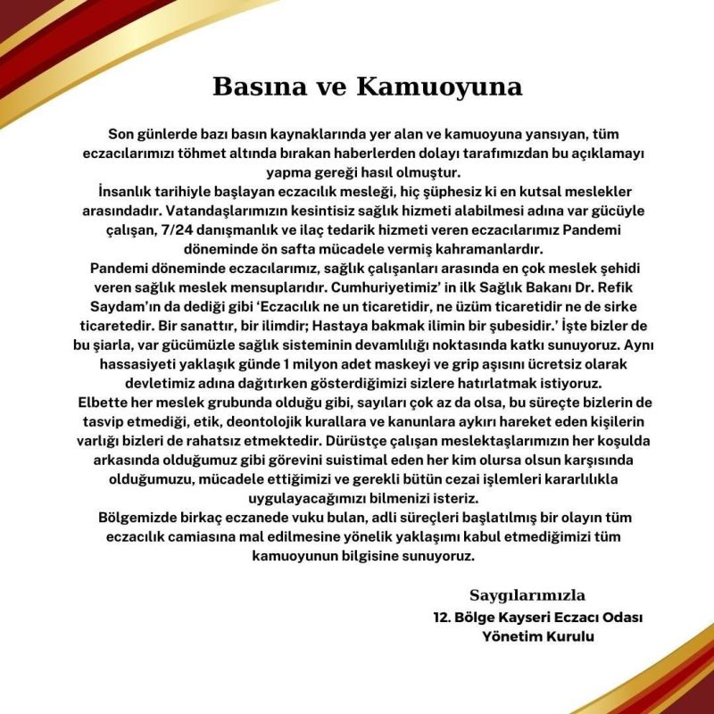 Kayseri Eczacı Odası: “Operasyonun eczacı camiasına mal edilmesini kabul etmiyoruz”
