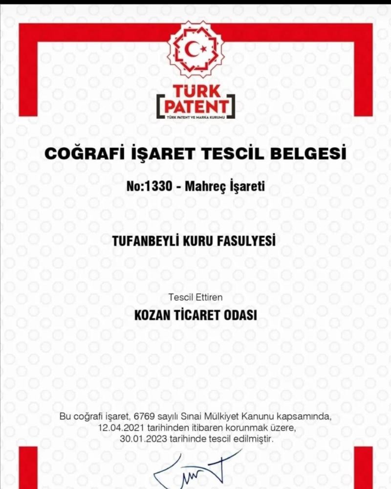 Tufanbeyli fasulyesine coğrafi işaret tescili
