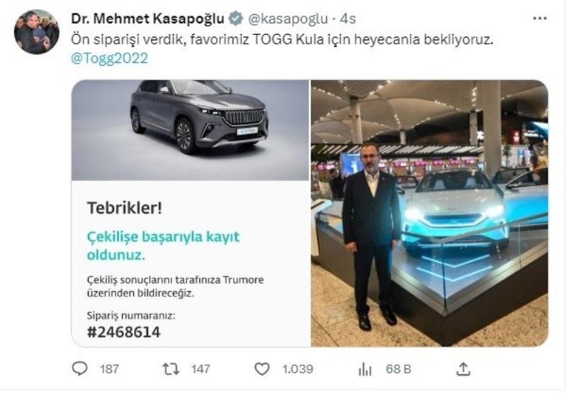 Bakan Kasapoğlu’nun TOGG tercihi memleketinin rengi Kula oldu
