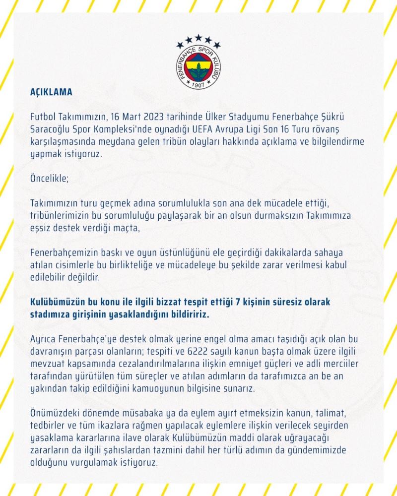 Fenerbahçe, Sevilla maçında sahaya yabancı madde atan 7 kişinin stada girişini yasakladı
