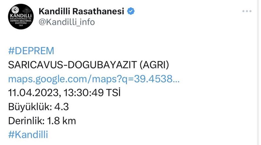 Ağrı’da 4.3 büyüklüğünde deprem